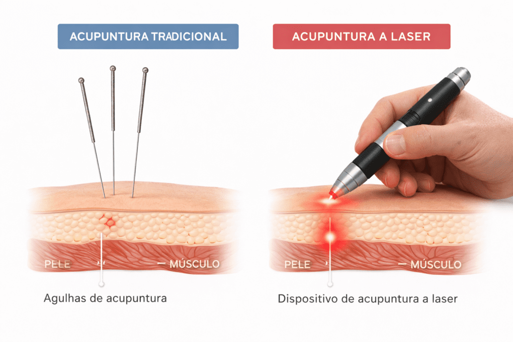 Ilustração da diferença entre acupuntura tradicional e acupuntura a laser