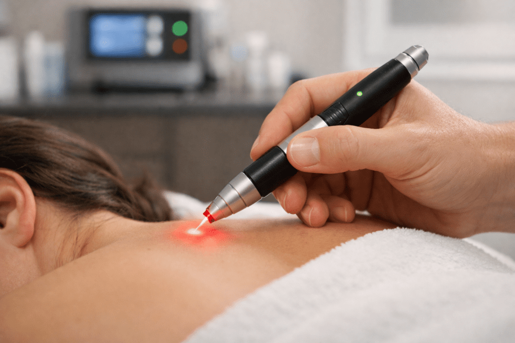 Aplicação de laser em sessão de acupuntura a laser