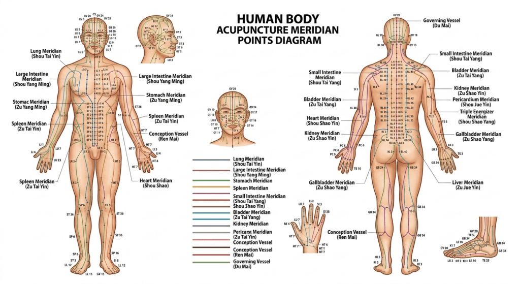 Diagrama de pontos de acupuntura e meridianos