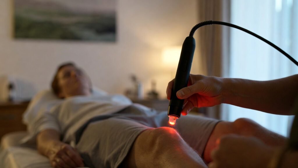 Aplicação de laser em ponto de acupuntura no joelho