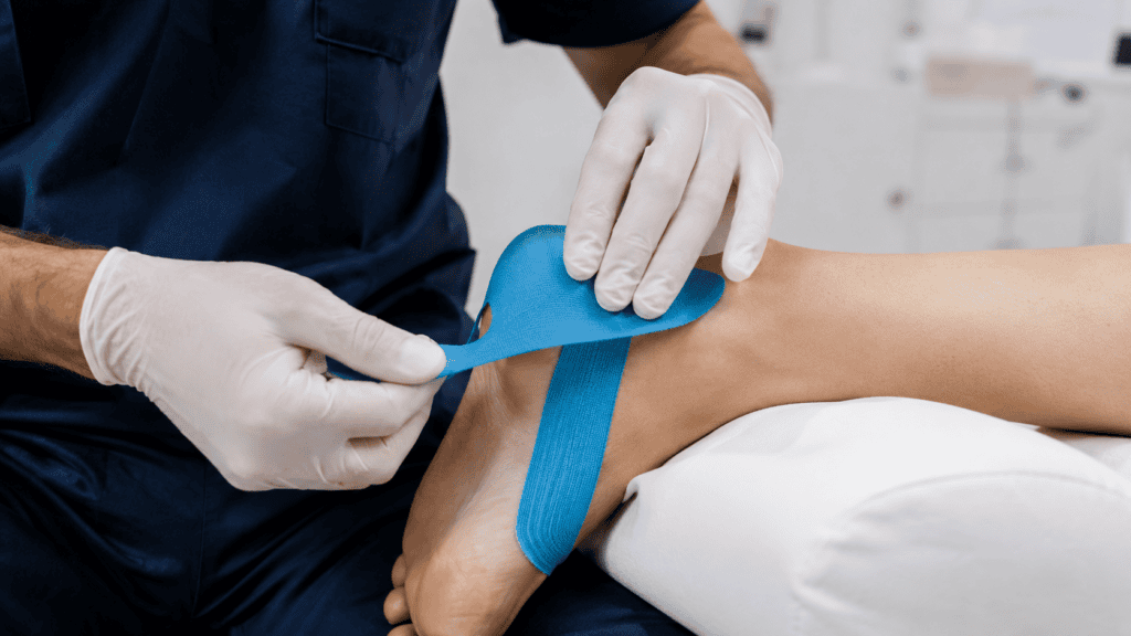 kinesio tape para que serve aplicado no calcanhar durante atendimento podológico Jardim Santana Campinas