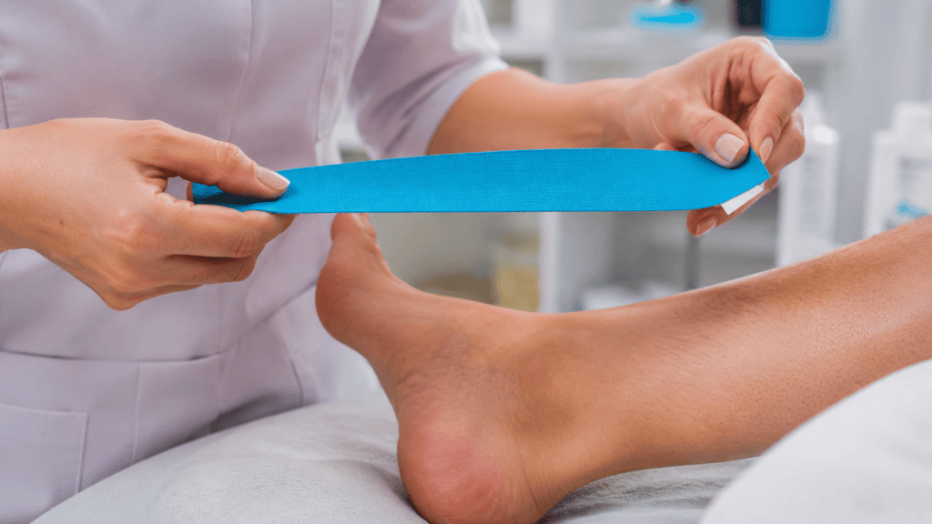 aplicação de kinesio tape no tornozelo mostrando a tensão correta da fita Jardim Santana Campinas